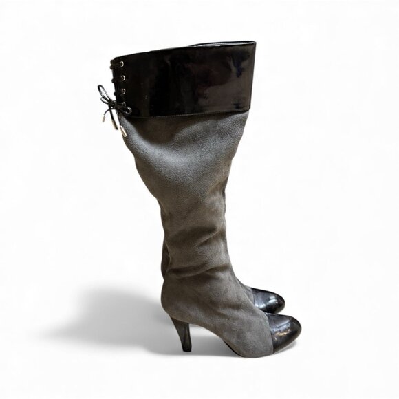 BCBGirls gray faux suede knee high boots patent look trim 7.5 NWOB - Picture 2 of 5
